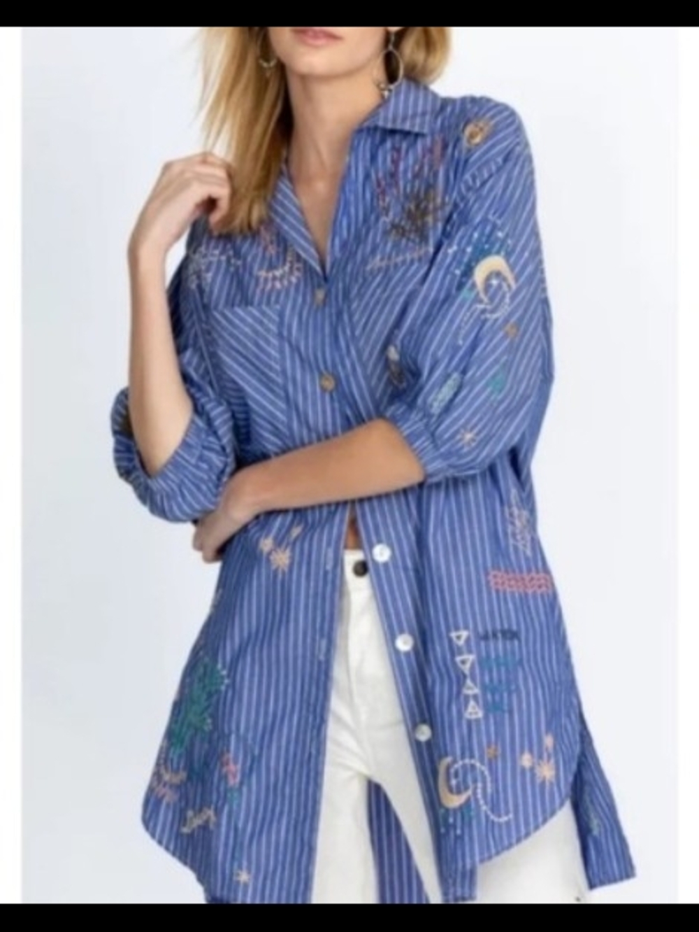 Johnny Was Blue and White Striped Button-Front Shirt